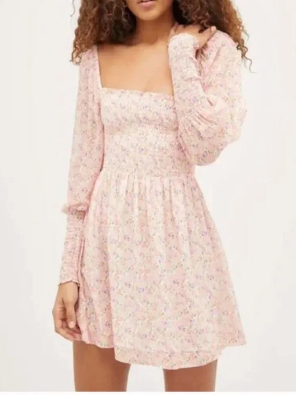 Hill House Grace Long Sleeve Nap Dress Mini in pink pansy water colour floral M